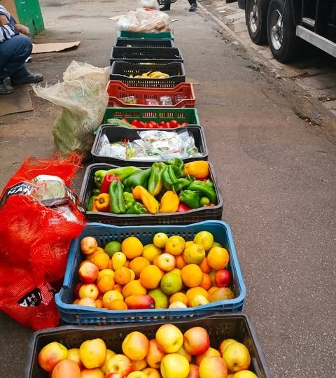 Caixas de maçãs, laranjas, pimentões e outros alimentos enfileiradas na calçada para distribuição.
