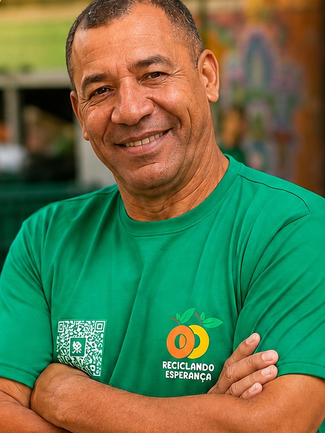 Paulo Sérgio Soares Pereira, sorridente, de braços cruzados, vestindo a camiseta verde do Reciclando Esperança.