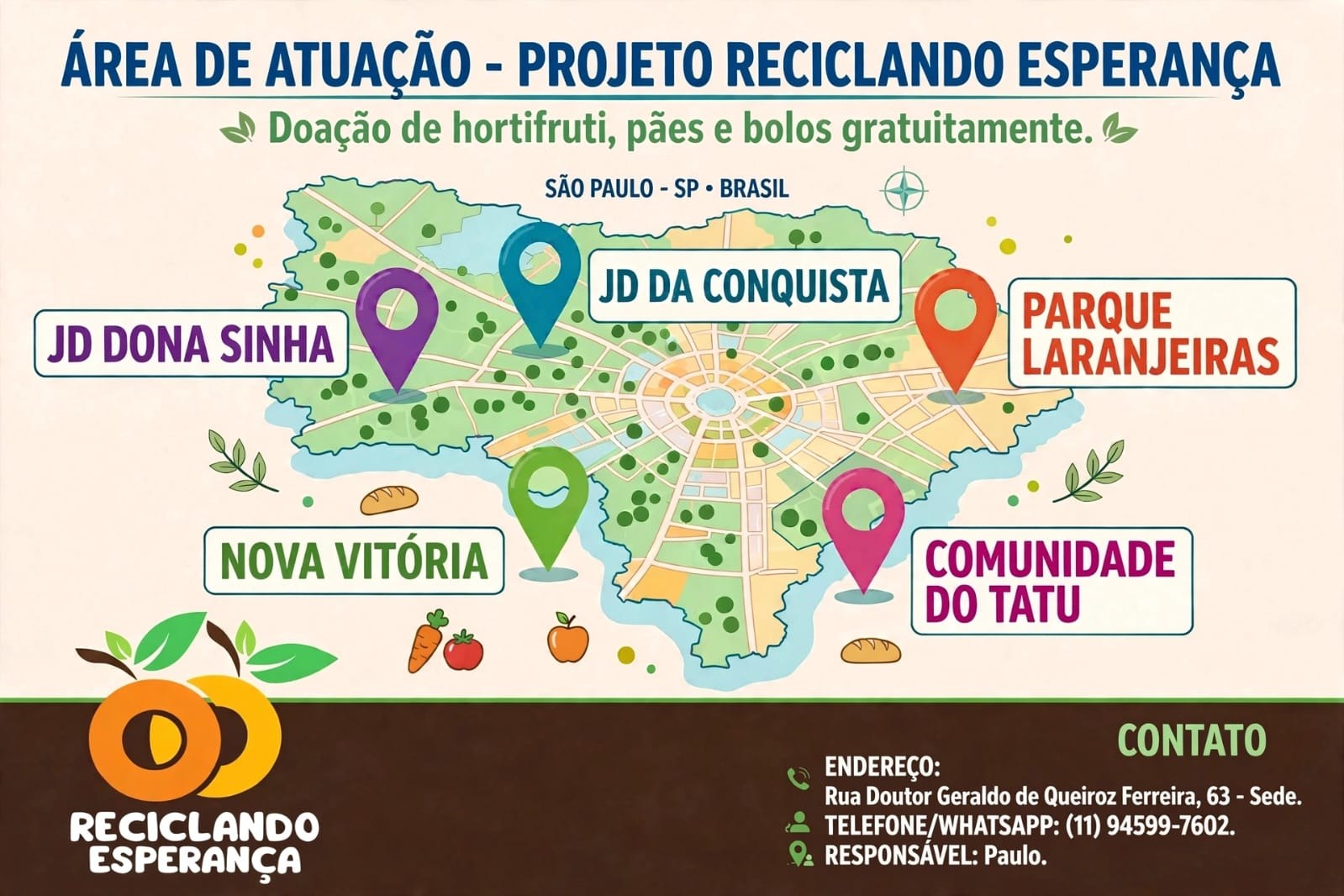 Encarte com o mapa da área de atuação do Projeto Reciclando Esperança, indicando Jd Dona Sinha, Jd da Conquista, Parque Laranjeiras, Nova Vitória e Comunidade do Tatu, com o contato do responsável, Paulo.